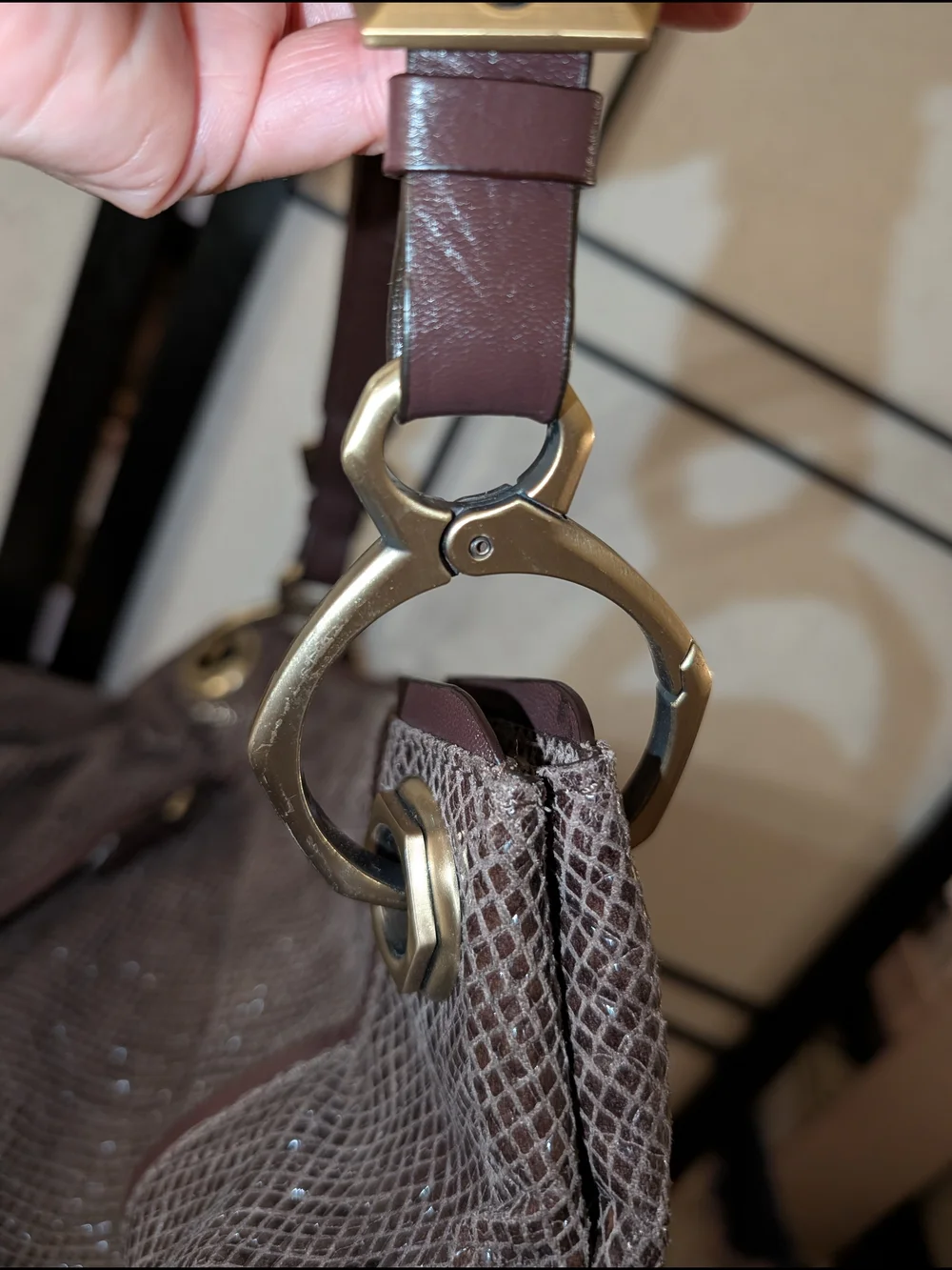 B. Makowsky Snakeskin-Embossed Bag | Taupe & Burgundy | Gold-Tone Hardware